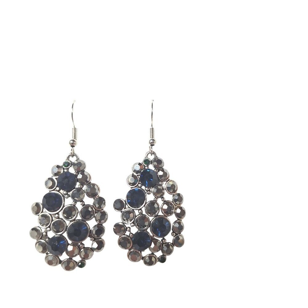 Blue Rhinestone Teardrop Chandelier Earrings Gunmetal